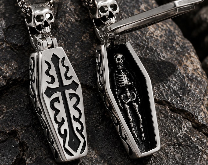 Vampire Skull Coffin Pendant Necklace, Gothic Steampunk Mens Jewelry, Niche Motorcyclist Gift for Him