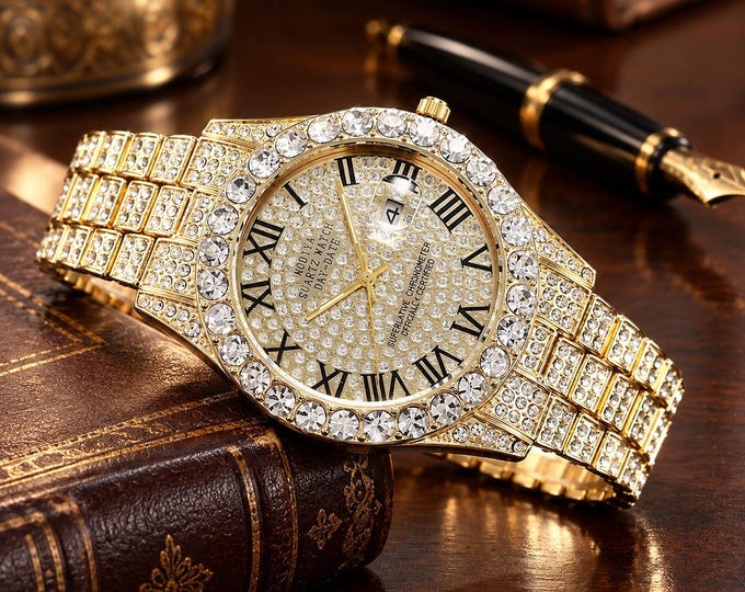 Roman Numeral Men's Watch, Gold Tone Stainless Steel, Classic Calendar Quartz Wristwatch