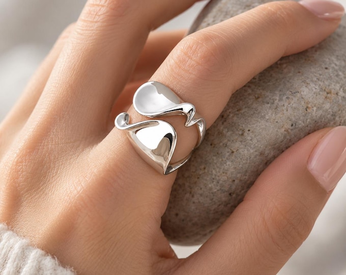 Abstract Wave Ring, 925 Sterling Silver, Minimalist Open Band for Women