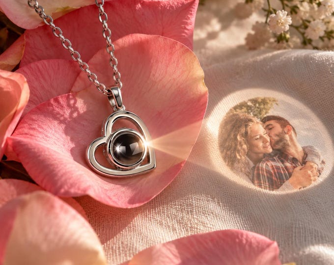 Secret Projection Heart Necklace, Silver Memorial Photo Jewelry, Romantic Anniversary Gift for Girlfriend