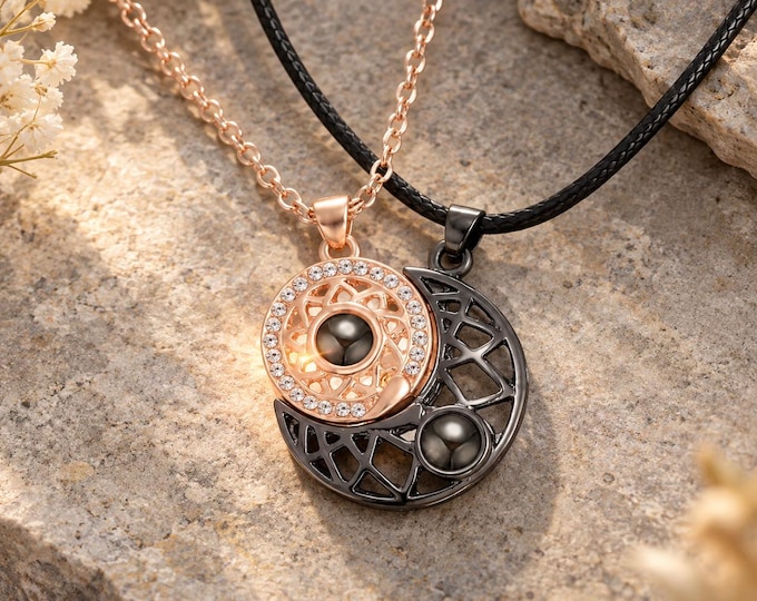 Sun Moon Heart 'I Love You' Projection Necklace, 100 Languages, Magnetic Couple Jewelry Gift