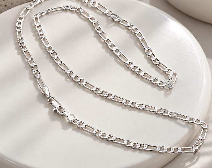 Classic Link Figaro Necklace, Solid Sterling Silver Chain, Everyday Layering Choker for Women, Elegant Jewelry Gift