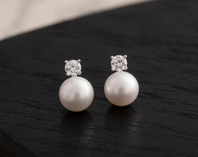 Pearl Stud Earrings - Sterling Silver & Crystal, Dainty Bridal Jewelry