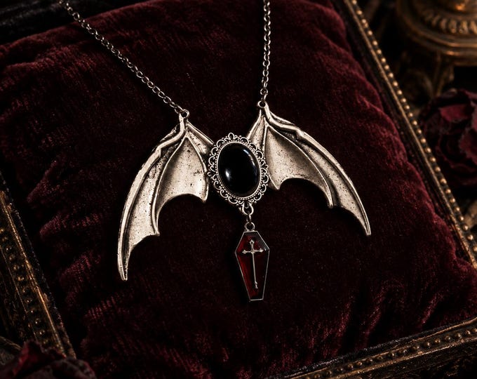 Vampire Bat Wing Necklace, Blood Coffin Charm, Victorian Goth Jewelry Gift