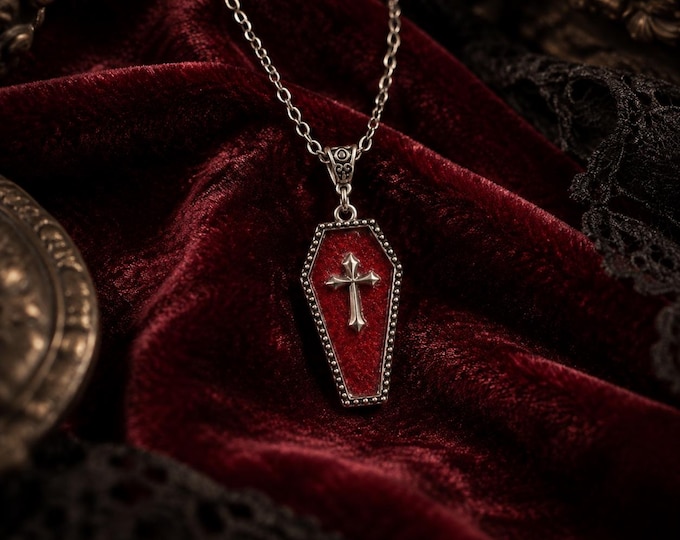 Vampire Coffin Necklace, Gothic Cross Pendant Choker, Vintage Pagan Alternative Witch Jewelry for Women