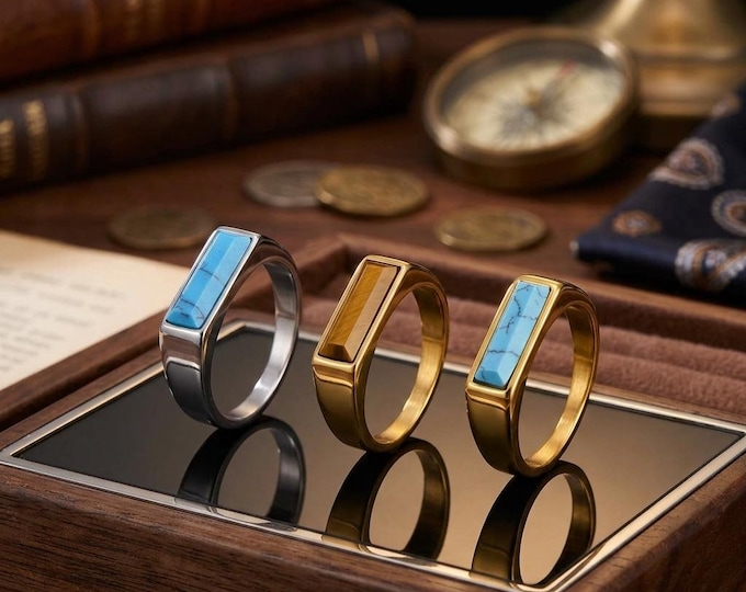 Men's Signet Ring - Stone Inlay, Gold Silver Stainless Steel Ring, Gift for Him