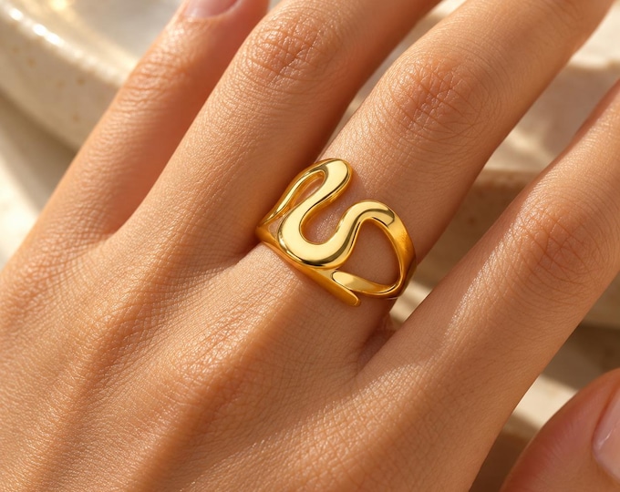 Abstract Waves Geometric Ring, Stainless Steel, Minimalist Gold Jewelry for Women
