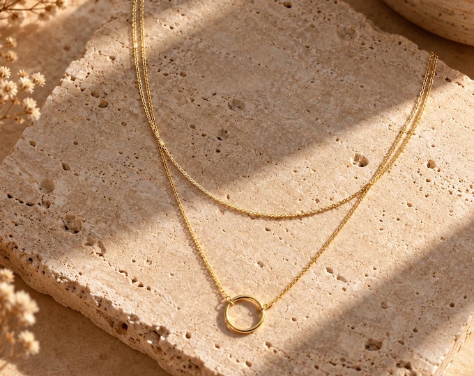 Layered Stainless Steel Orbital Disk Necklace, Minimalist Everyday Jewelry
