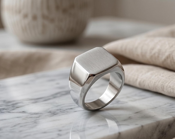 Signet Ring Men - Chunky Stainless Steel Band, Anniversary Gift for Him