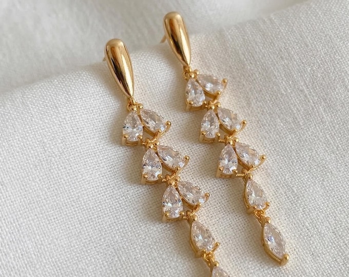 Gold Dangle Earrings - Zircon Tassel, Wedding Earrings, Elegant Jewelry