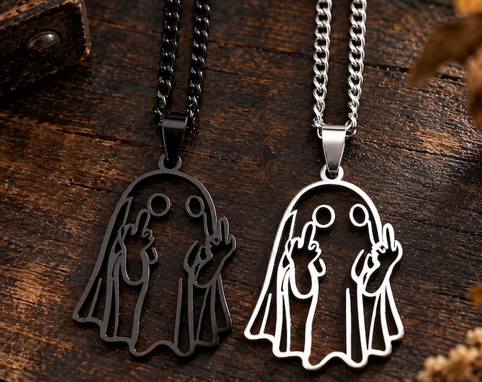 Spooky Ghost Middle Finger Pendant Necklace, Stainless Steel Charm, Funny Halloween Jewelry Gift for Her Him