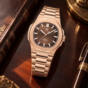 May include: A rose gold-tone automatic wristwatch featuring a brown horizontal-striped dial with luminous baton indices and hands. The watch has an integrated link bracelet and a rounded octagonal bezel with a brushed metallic finish.