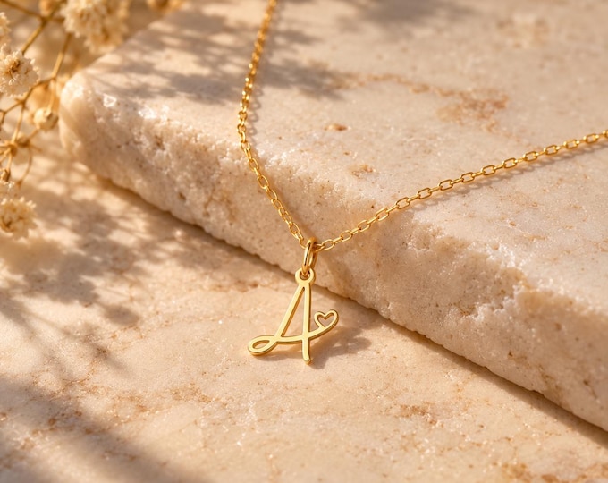Heart Initial Pendant Necklace, Gold Plated Brass Jewelry, Dainty Letter Monogram Charm, Romantic Anniversary Gift for Her