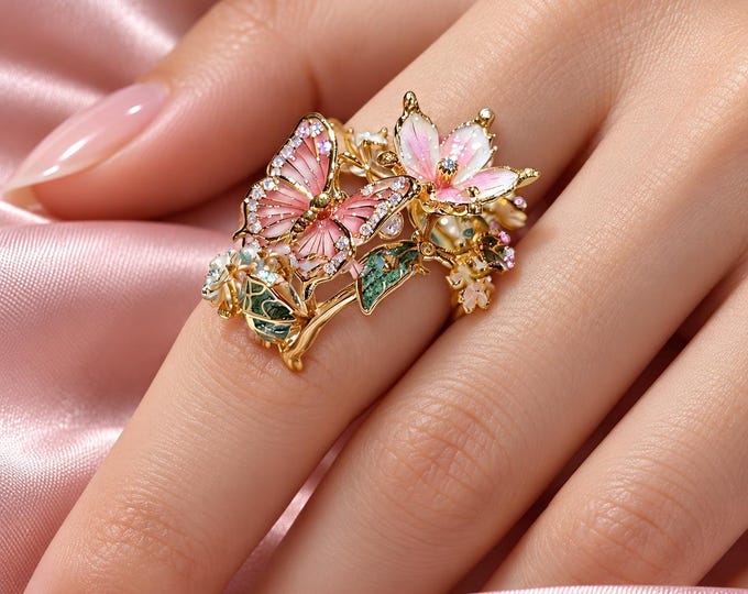 Butterfly Bloom Ring, Rhinestone Adjustable Band, Women's Elegant Jewelry Gift