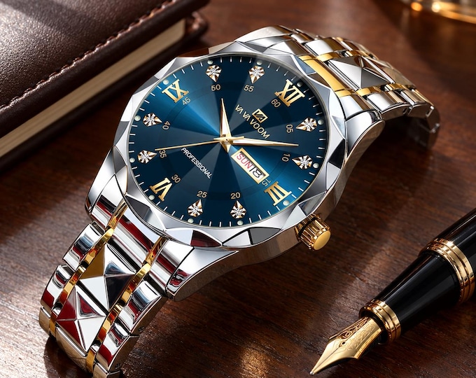 Starlight Dial Men's Watch, Quartz Movement, Blue Gold Stainless Steel, Luxury Business Gift