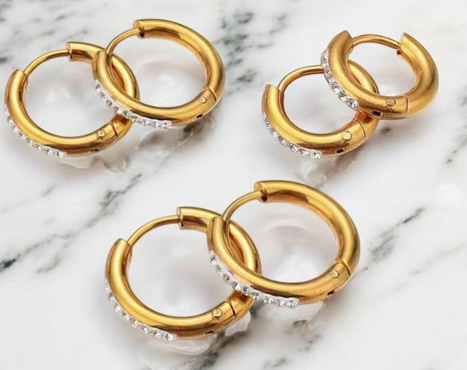 Hoop Earrings - Gold Huggies with Zircon, Punk Style Jewelry