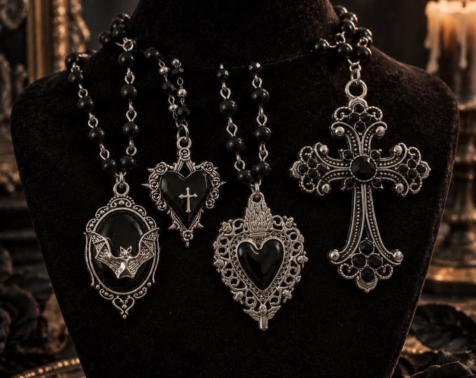 Gothic Bat Cross Necklace Set – Y2K Barbed Wire Heart, Black Beads (4-Piece)