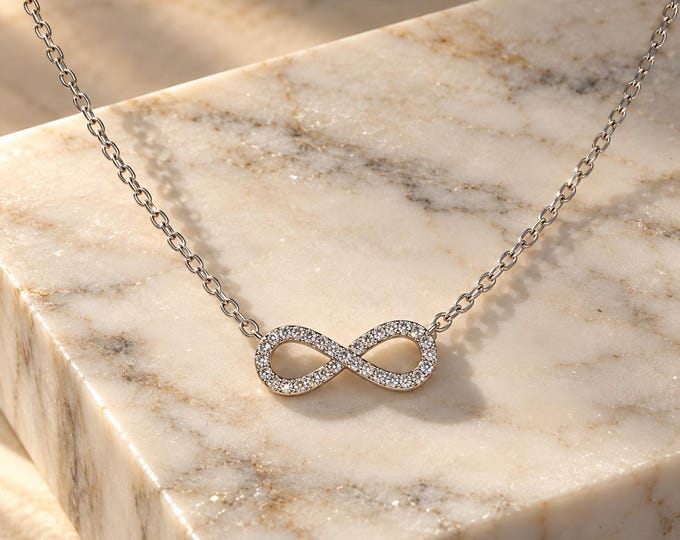 Infinity Love Pendant Necklace, Sparkly Zircon Stainless Steel, Minimalist Choker