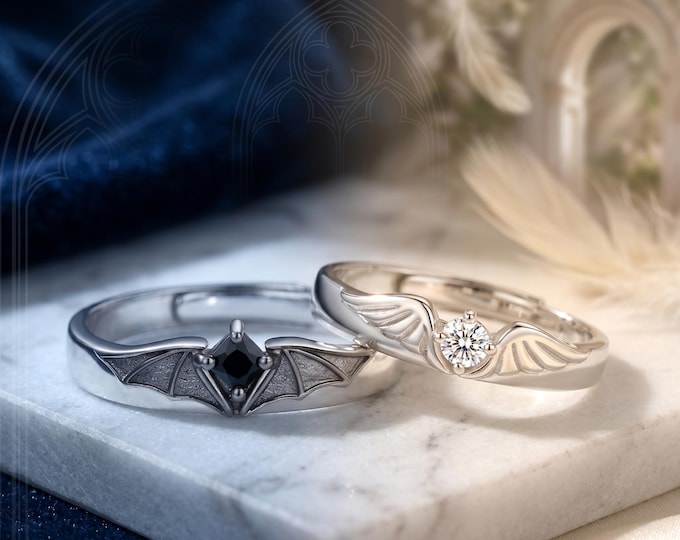 Couple Rings Set - Angel Demon Promise Rings, Adjustable Matching Band for Lovers