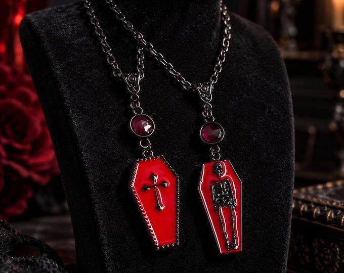 Oil-Dripping Coffin Necklace, Gothic Red Crystal Skeleton Cross Pendant, Vampire Witchy Jewelry for Women