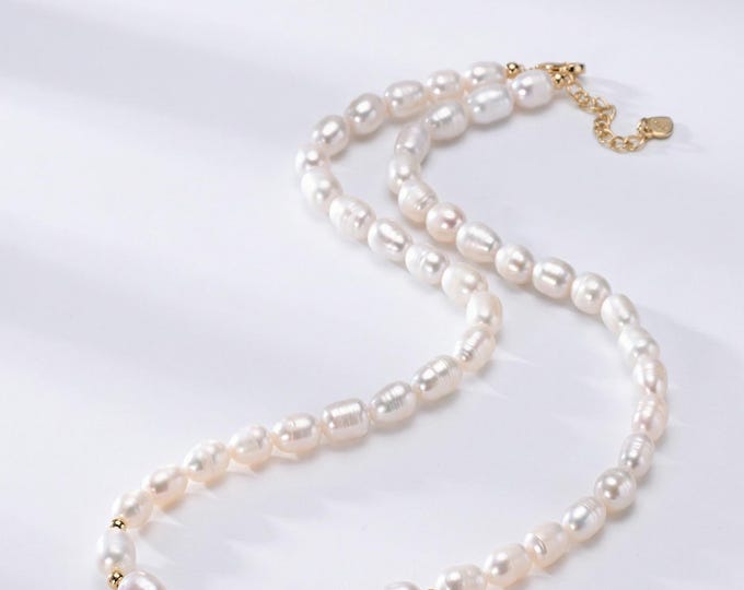 Pearl Necklace - Rice Pearl, Sterling Silver Jewelry for Women, Elegant Gift 6-7 mm