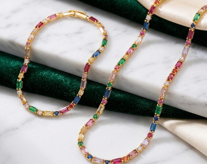Zircon Jewelry Set - Colorful Bracelet & Necklace, Korean Fashion Gift