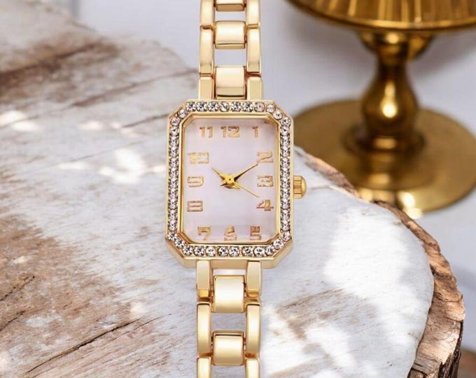 Womens Diamond Watch - Square Gold Dress Watch, Stainless Steel Bracelet for Her