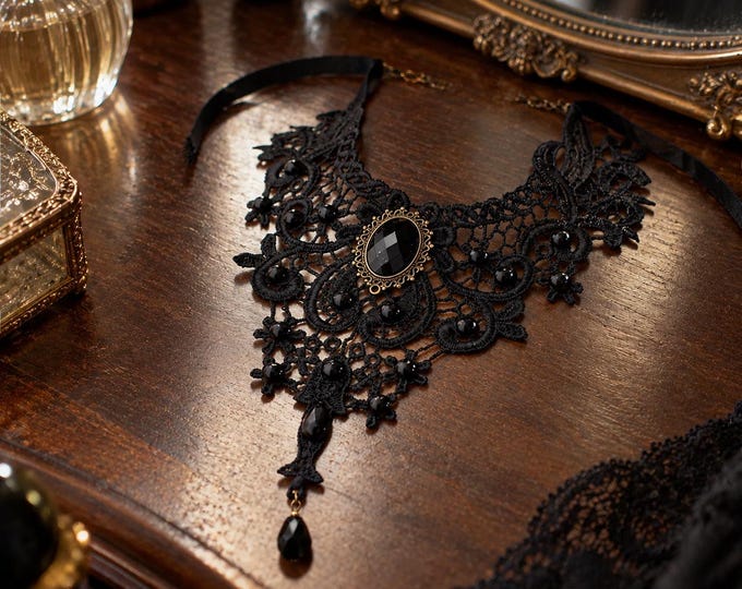 Gothic Cameo Black Lace Choker, Victorian Steampunk Collar Necklace, Dark Academia Jewelry Gift