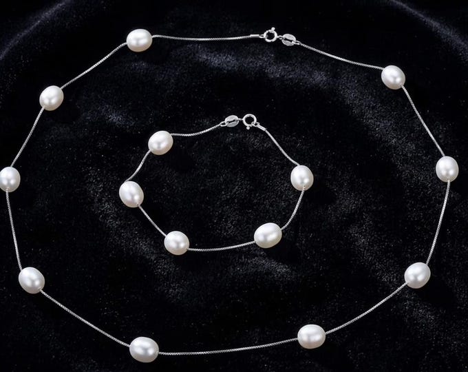 Pearl Jewelry Set - Sterling Silver Necklace Bracelet, Elegant Gift for Her