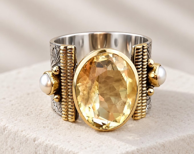 Abstract Gemstone Copper Ring, Wide Band, Ladies Vintage Two-Tone Statement Jewelry Gift
