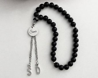 Gepersonaliseerde gebedskralen (Tesbih, 33 kralen) in zwart met naam en initialen, cadeau, gebedskralen, Islam, Ramadan, Eid, autoketting