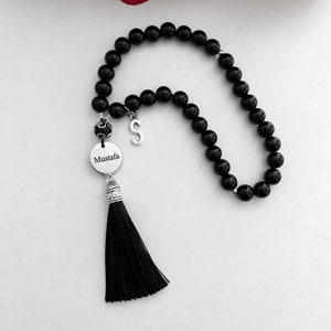 Gebetskette Tesbih 33er Schwarz mit Namen und Buchstaben, mit Geschenkverpackung GRATIS, Geschenk Gebetsketten Islam Ramadan personalisiert