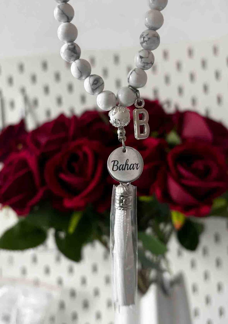 Gebetskette Tesbih 33er Marmor mit Namen Buchstaben, Geschenkverpackung Geschenk Gebetsketten Islam Ramadan Eid personalisiert Autokette Bild 3