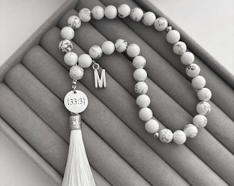 Chapelet (Tesbih) de 33 perles en marbre avec initiales, emballage cadeau, chapelet personnalisé pour l'Islam, le Ramadan, l'Aïd, collier de voiture