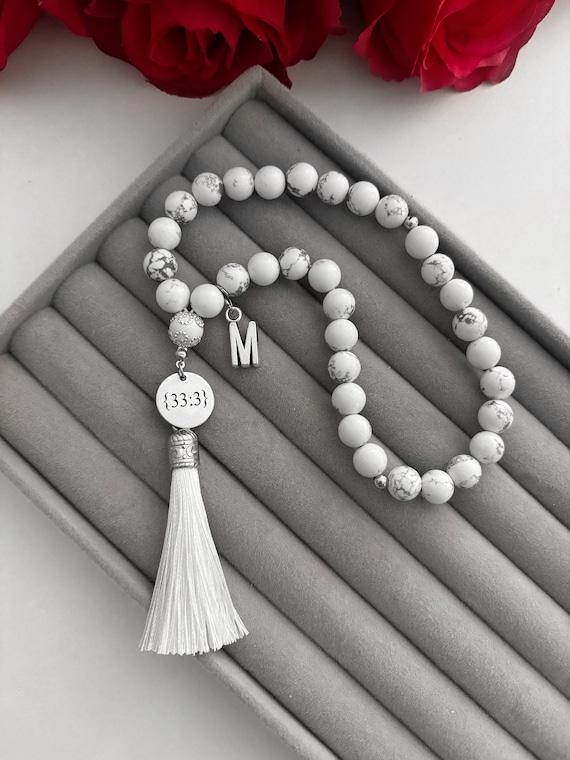 Gebetskette Tesbih 33er Marmor mit Namen Buchstaben, Geschenkverpackung Geschenk Gebetsketten Islam Ramadan Eid personalisiert Autokette