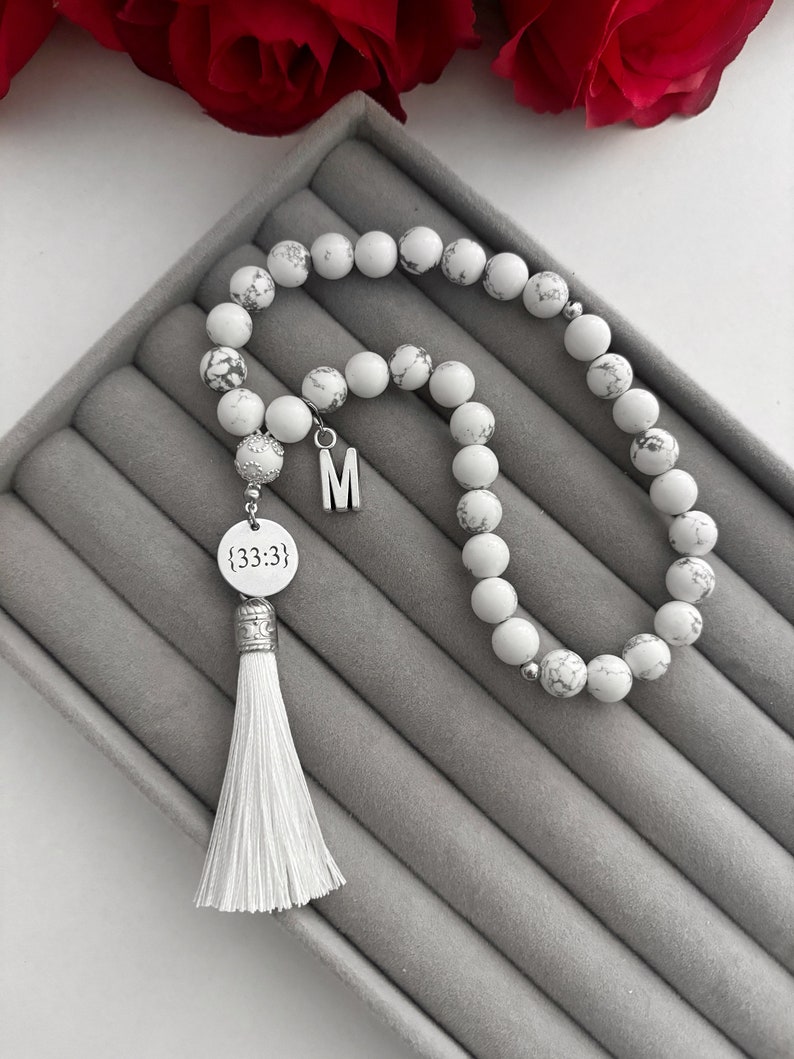 Gebetskette Tesbih 33er Marmor mit Namen Buchstaben, Geschenkverpackung Geschenk Gebetsketten Islam Ramadan Eid personalisiert Autokette