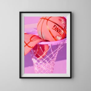 Pink Basketball Wall Art Digital Print, pink aesthetic college dorm room decor, pink wall art, funky retro art print, pink sports print