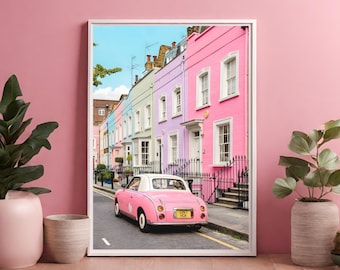 Stampa artistica della parete digitale di Londra Notting Hill, arte della parete della casa rosa, estetica rosa, stampe di viaggio di Londra, stampa artistica della parete di London Photography
