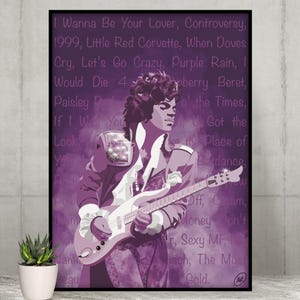 Prince Greatest Hits original music art print poster colourful fan art, print, poster, wall art, home decor. No ai.