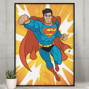 DCコミックスのジャスティス・リーグのキャラクター、スーパーマン。オリジナルのカラフルなファンアート、プリント、ポスター、ウォールアート、ホームデコレーション。AIは使用していません。