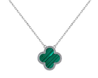 Malachite Style Clover Necklace Sterling Silver 925-  green clover necklace - necklace for women - clover jewellery- clover silver necklace