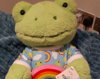 Spring frog Build  A Bear  in rainbow frog onsie conplete with Rainbow Wristie ( Hard to come by )