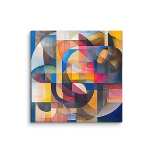 Puede incluir: Arte abstracto geométrico en lienzo con una vibrante composición de formas y colores. La obra de arte muestra una mezcla de cuadrados, rectángulos y formas curvas en tonos de azul, amarillo, naranja, rosa y marrón. El lienzo está estirado y listo para colgar.