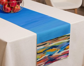 Original Acrylic Painting Table Runner – Abstract Blue Sky & Colorful Landscape Decor