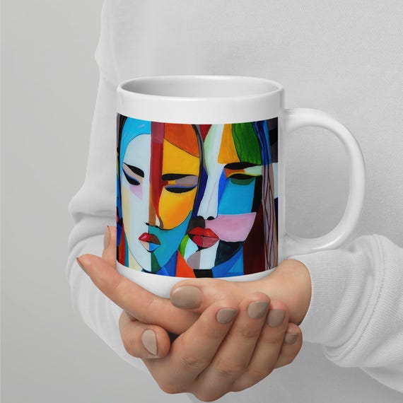 Abstract Women Faces Ceramic Mug, Original Vibrant Art Coffee Cup