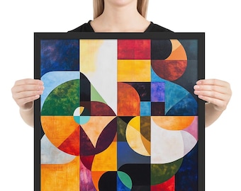 May include: A framed abstract art print with a geometric design. The artwork features a colorful composition of squares, circles, and curved shapes in shades of blue, green, orange, yellow, red, and purple. The print is displayed in a black frame.