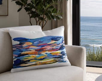 Original Acrylic Painting Throw Pillow – Abstract Blue Landscape, Colorful Modern  Home Decor