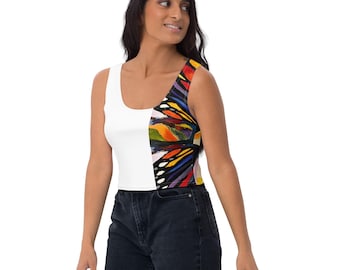 De vlinder, dameskunst crop top, origineel schilderij, kleurrijke transformatiekunst, draagbare kunstmode