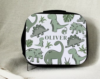 Personalised Dinosaur lunch box nursery personalised school lunch box cooler box sandwich box green dinosaurs back pack lunch bag