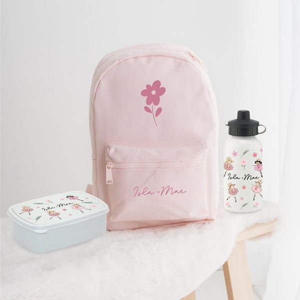 Personalised Children's Ballerina Backpack school set Ballerina Flower Bag Bottle and Snack box set Girls lunchbox and water bottle set
